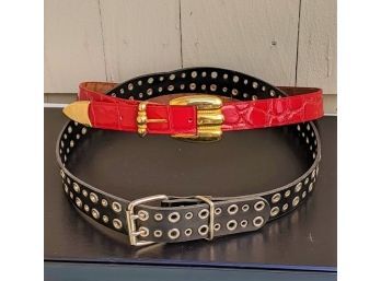 Two Leather Belts - Red Faux Snake Skin And Black Double Prong Leather Grommet Belt