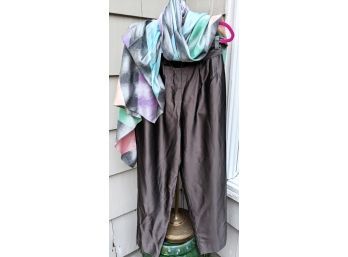 Silk Metallic Pants Size 10 By 'Country Road', And A Fabulous Multi Colored Silk Scarf