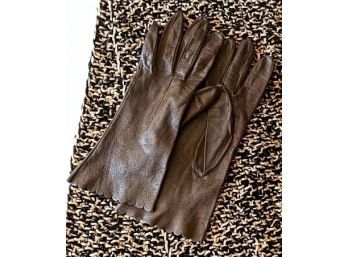 Extra Long Hand Knit Cozy Fleece  Scarf With Brown Leather Scalloped Edge Gloves Size Small