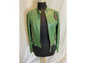 Compagnia -Womans Green Leather Biker Jacket With Patch