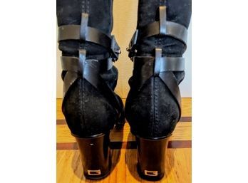 Gucci ,Black Suede Knee -High, Lace Tie Boots With Shearling Lining