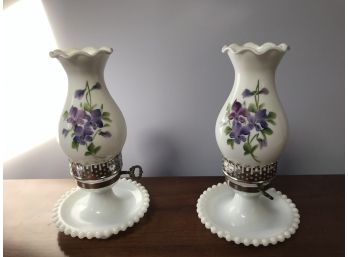 Pair Of Floral MIlk Glass Hurricane Lamps