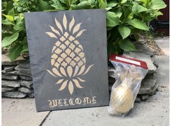 Welcome Slate Plaque & Brass Pineapple Door Knocker