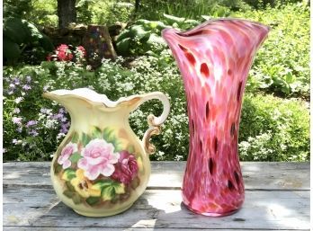 Pink Art Glass Vase & Vintage Small Pitcher