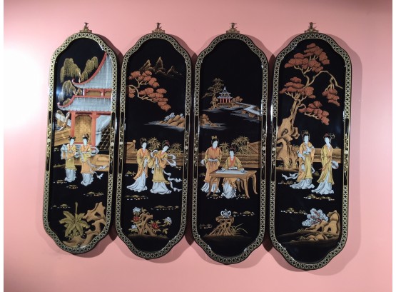 Grouping Of Five Asian Panels (Four Matching - One Different) GREAT LOT - ALL HAND PAINTED !