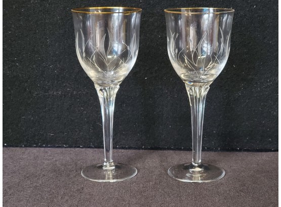 Pair Of Marquis By Waterford Etched Gold Rimmed Crystal Wine Glasses