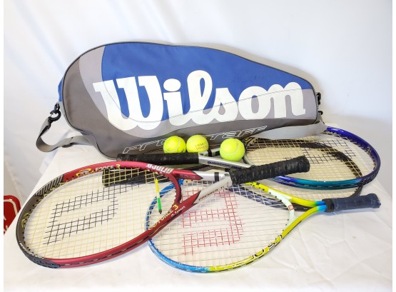 Tennis Anyone? Assortment Of Racquets, Tennis Balls & Bag