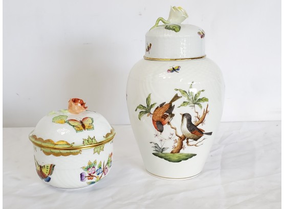 Beautiful Herend Hungary Fine Porcelain Hand Painted Ginger Jar & Trinket Dish