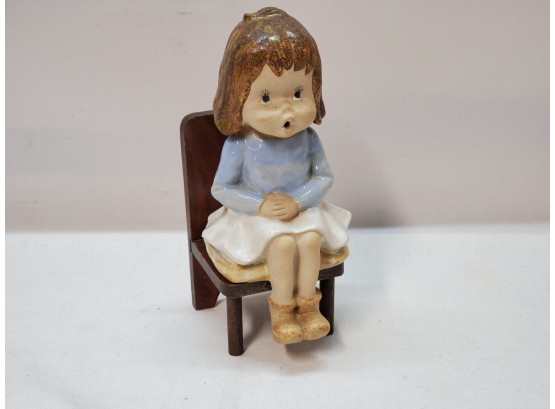 Adorable Vtintage Ceramic 7.5' Little Girl Sitting On Wooden Bench, Japan