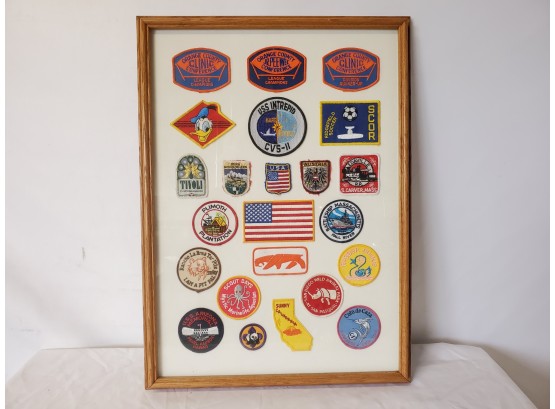 Framed Shadow Box Of Assorted Patches, Sports, Travel & More