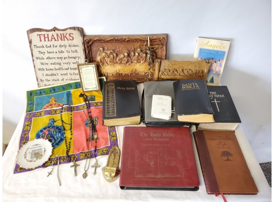 Vintage Religious Assortment - Bibles English/Spanish, Rosary Beads, Wall Plaques, Cassettes