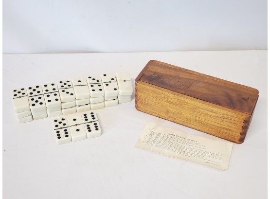Vintage Dominoes Set In Wood Dovetailed Box