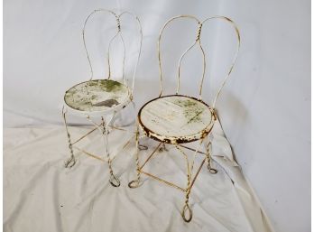 Pair Of Vintage Wrought Iron 'ice Cream Parlor' White Chairs