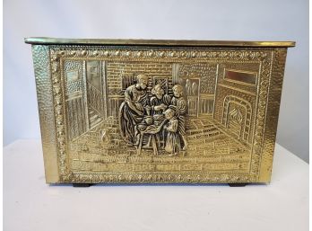 Handsome Brass/Wood Kitchen Scene Embossed Small Storage Box/Table