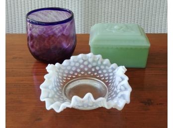 Amethyst Glass Vase, Hobnail Dish And Dresser Box