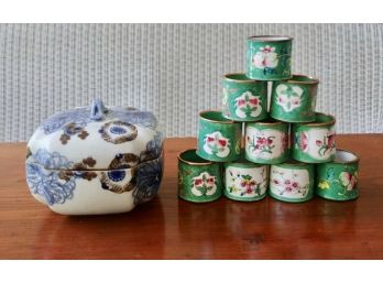 Oriental Covered Porcelain Box And Enamel Napkin Rings