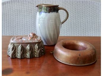 Pottery Pitcher And Two Copper Molds
