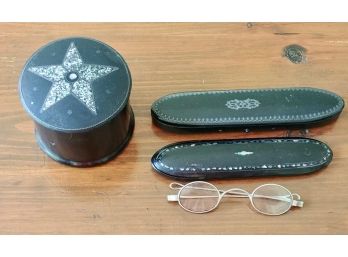 Papier Mache Eye Glass Holders, Spectacles & A Box
