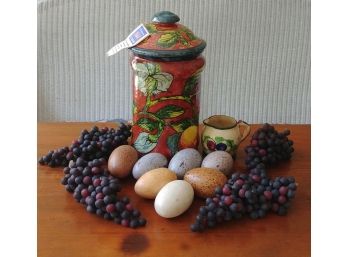 Mexican Pottery Canister, Wooden Eggs, Faux Grapes, Pitcher