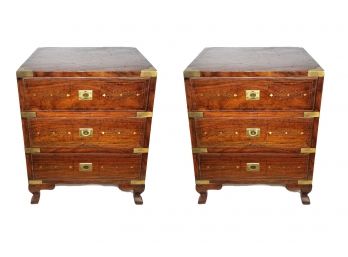 Vintage Exotic Hardwood And Brass Inlay Campaign Nightstands Or End Tables