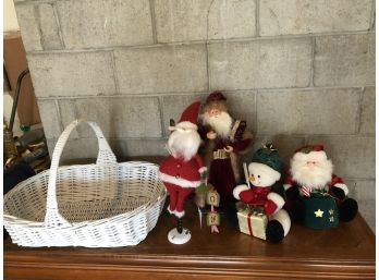 Christmas Basket Full Of Plush Santa Clause Figurines
