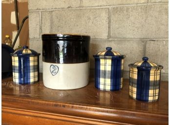 Primitive Artisan Ceramic Jar Set With One Stoneware Pot