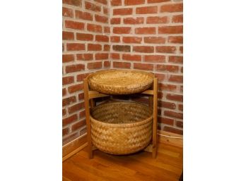 Round Side Table With Nesting Bamboo Tray & Storage Basket