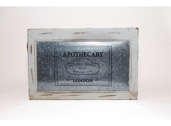 Whitewashed Wooden Storage Bin With Metal Apothecary Sign
