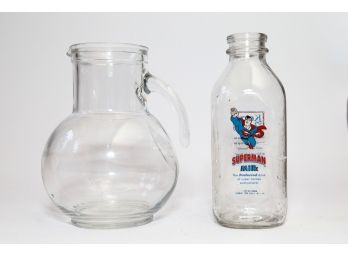 Vintage 1998 DC Comics Warner Bros Novelty Kent Dairies Superman Milk Bottle & Glass Pitcher