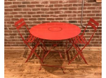 Metal Red Bistro Round Folding Table W/Umbrella Hole & Two Chairs- Set