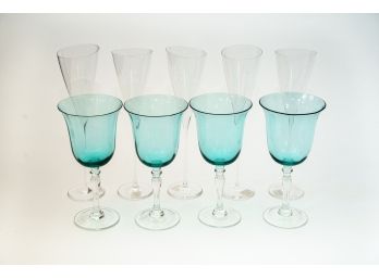 6 Crate & Barrel Champagne Flutes And 4 Turquoise Goblets