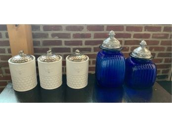 Kitchen Canisters  2 Royal Blue Glass & 3 White Ceramic With Bee Motif