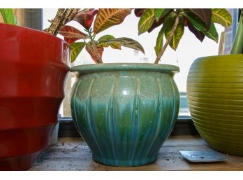 Green/Turquoise Ceramic Planter W/Plant