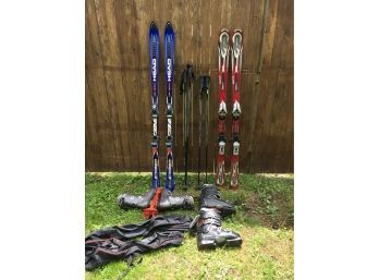 Lot Of 2 Pairs Of Skis, Boots, And Poles