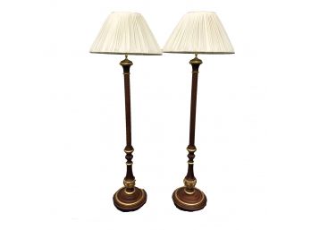 Pair Of Beautiful Italian Turned Wood & Gilded  Floor Lamps With Silk Shades