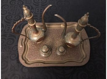 Vintage Etched Brass Indian Tea Set & Hand Bells