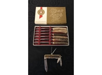 Vintage Antler Steak Knives & Pocket Knife Lot