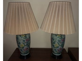 Hand Painted Porcelain Ginger Jar Lamps Pair