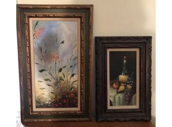 2 Piece Framed Oils On Canvas “Florals & Fruit” Art Lot