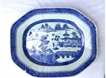 Antique Canton Ware Platter With Old Stapled Repair