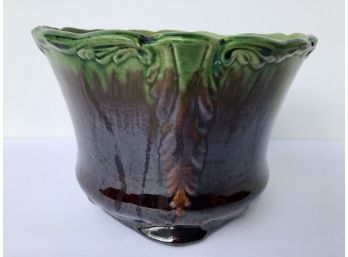 Vintage Green And Brown Drip Glazed Planter