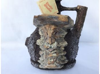 Very Unusual Jug Bottle With Wood Handle And Carved Wood Face Tiroler Obstler
