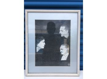 Framed Pencil Drawing Caricature - Three  Profiles