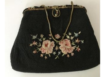 Vintage Black Bead With Embroidery Evening Bag