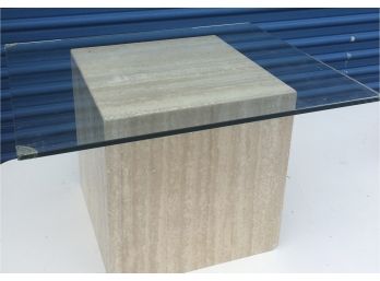Vintage Travertine Marble Cube Side Table W/ Glass Top
