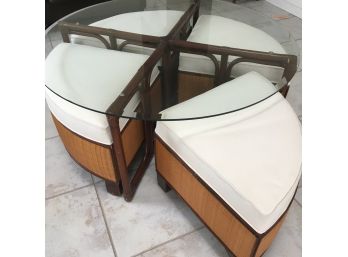 Glass Topped Rattan Coffee Table W/ Four Slide-in Seats