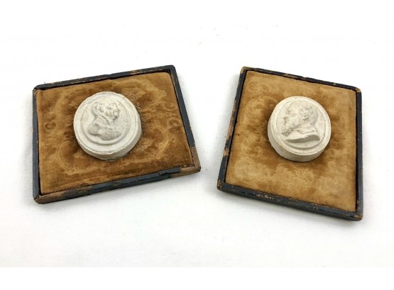 Pair Of Antique Grand Tour Cast Medallions Mounted In Velvet With Leather Bound Cover Casing