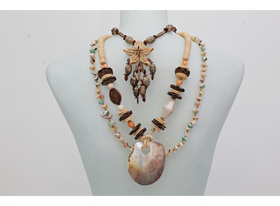 Nice Group Of Three Shell, Wood & Bead Necklaces