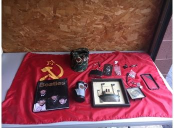 B104 Small Lot Of Collectables And Misc Items Including Russian Hat And Flag