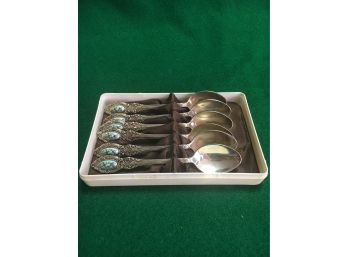 B32 Set Of 6 Russian Silver Spoons With Painted Porcelain Decoration